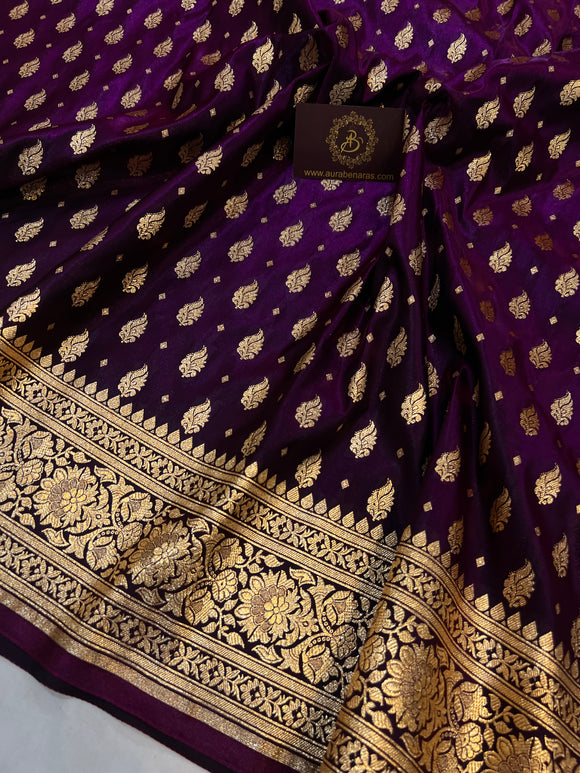 Wine Banarasi Handloom Satin SIlk Saree - Aura Benaras