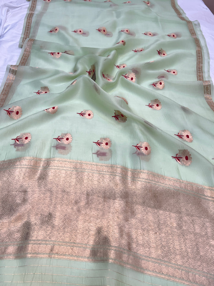 Mint Green Black Pure Kora Silk Handloom Banarasi Saree