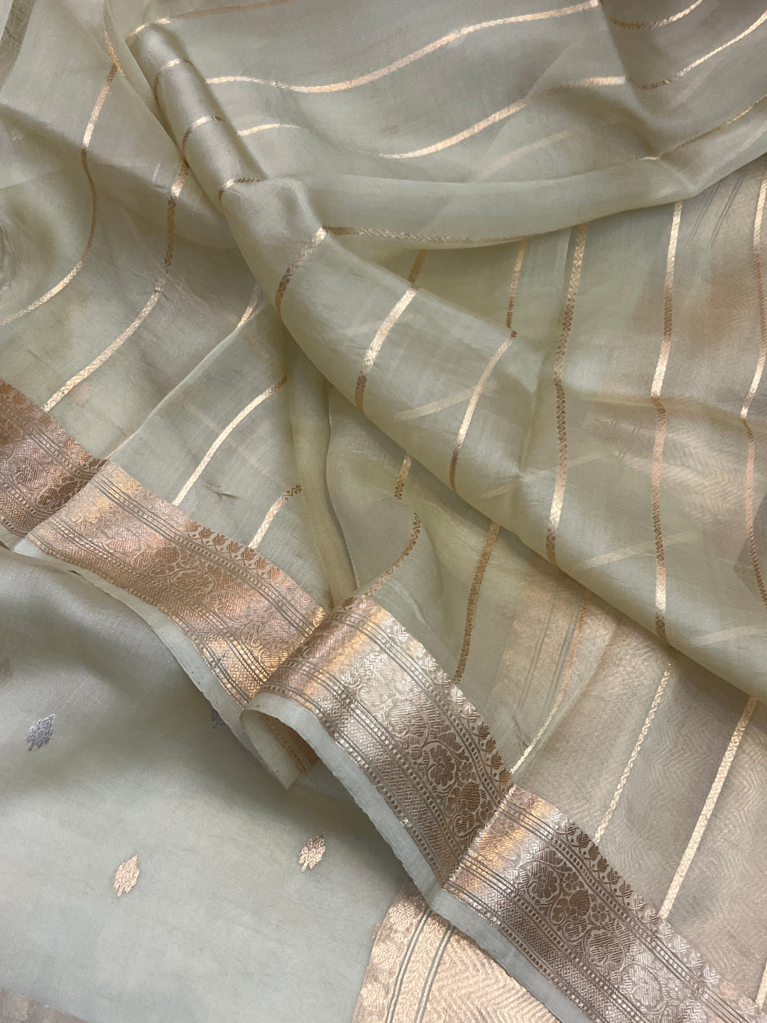 Dusty Green Pure Kora Silk Handloom Banarasi Saree