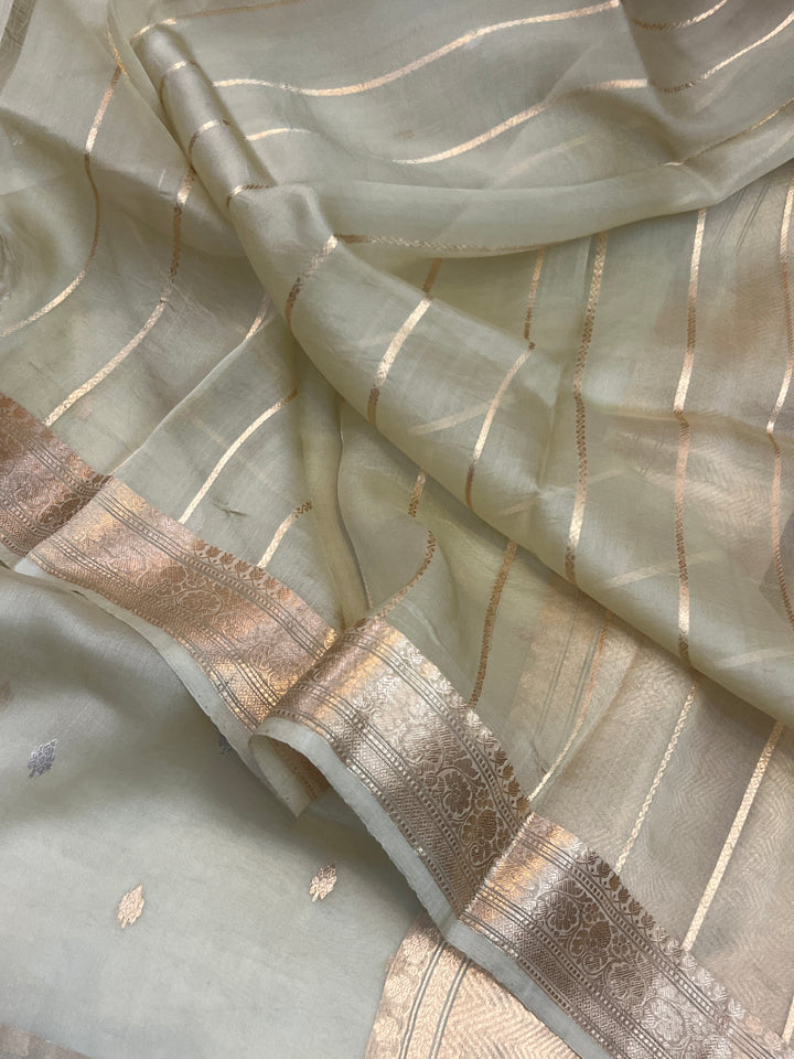 Dusty Green Pure Kora Silk Handloom Banarasi Saree