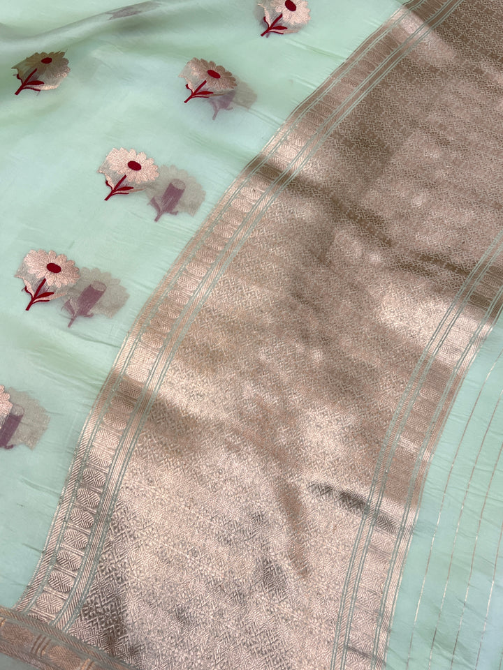 Mint Green Black Pure Kora Silk Handloom Banarasi Saree