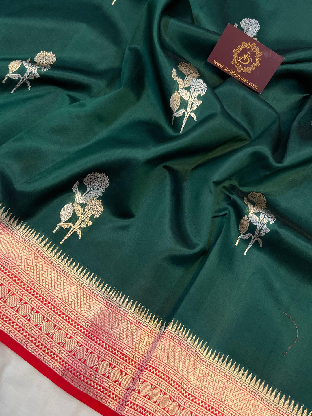 Bottle Green Pure Banarasi Handloom Silk Saree - Aura Benaras