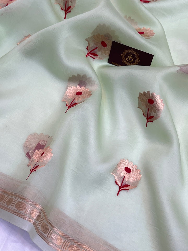 Mint Green Black Pure Kora Silk Handloom Banarasi Saree