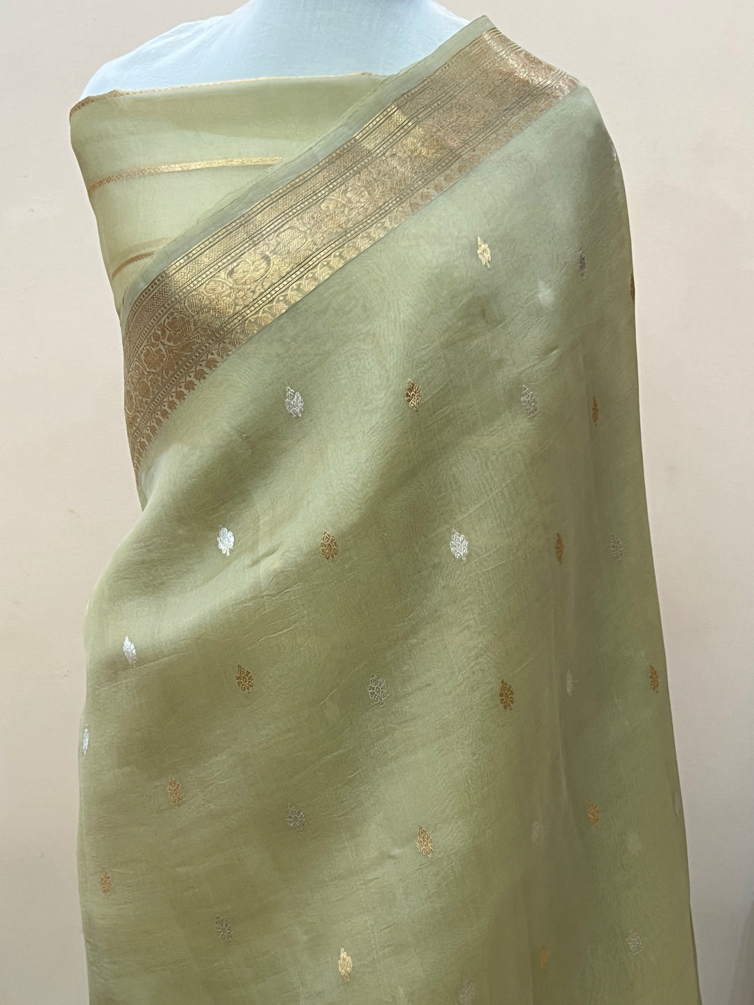 Dusty Green Pure Kora Silk Handloom Banarasi Saree