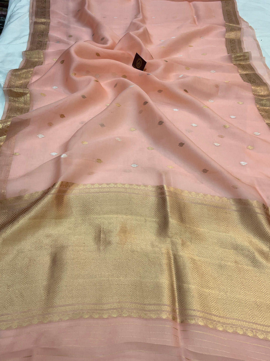 Peach Pure Kora Silk Handloom Banarasi Saree
