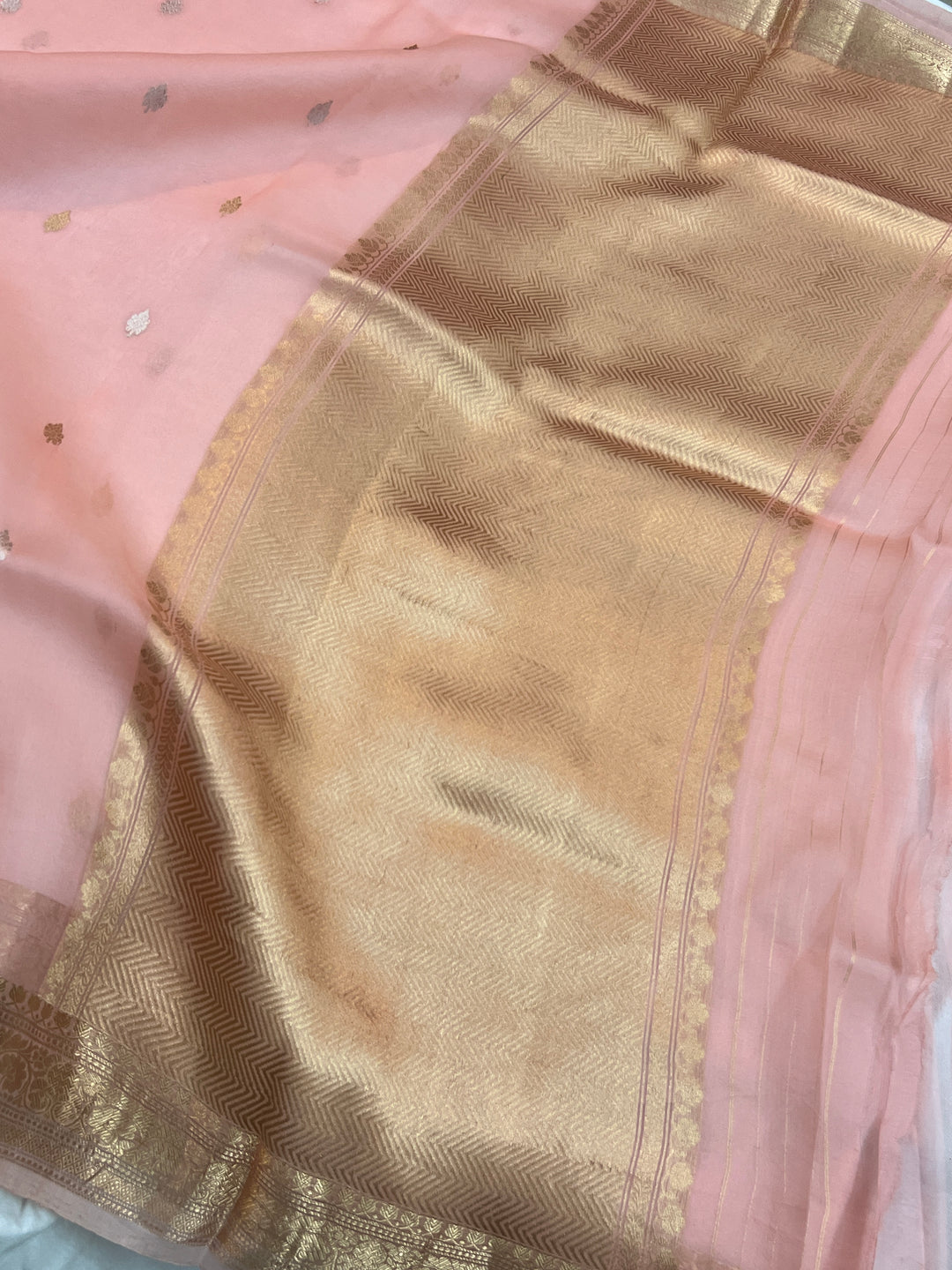 Peach Pure Kora Silk Handloom Banarasi Saree