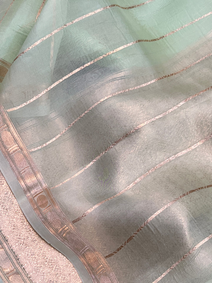 Mint Green Black Pure Kora Silk Handloom Banarasi Saree