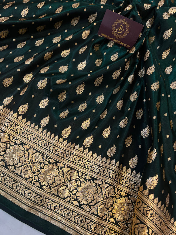 Bottel Green Banarasi Handloom Satin SIlk Saree - Aura Benaras