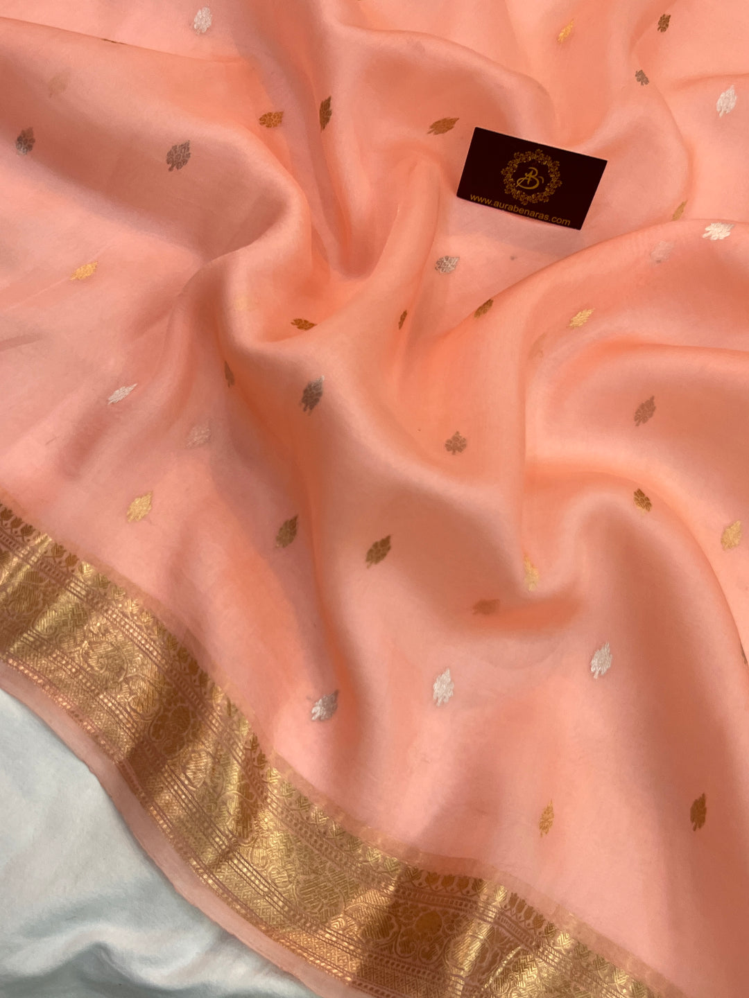 Peach Pure Kora Silk Handloom Banarasi Saree