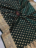 Bottel Green Banarasi Handloom Satin SIlk Saree - Aura Benaras