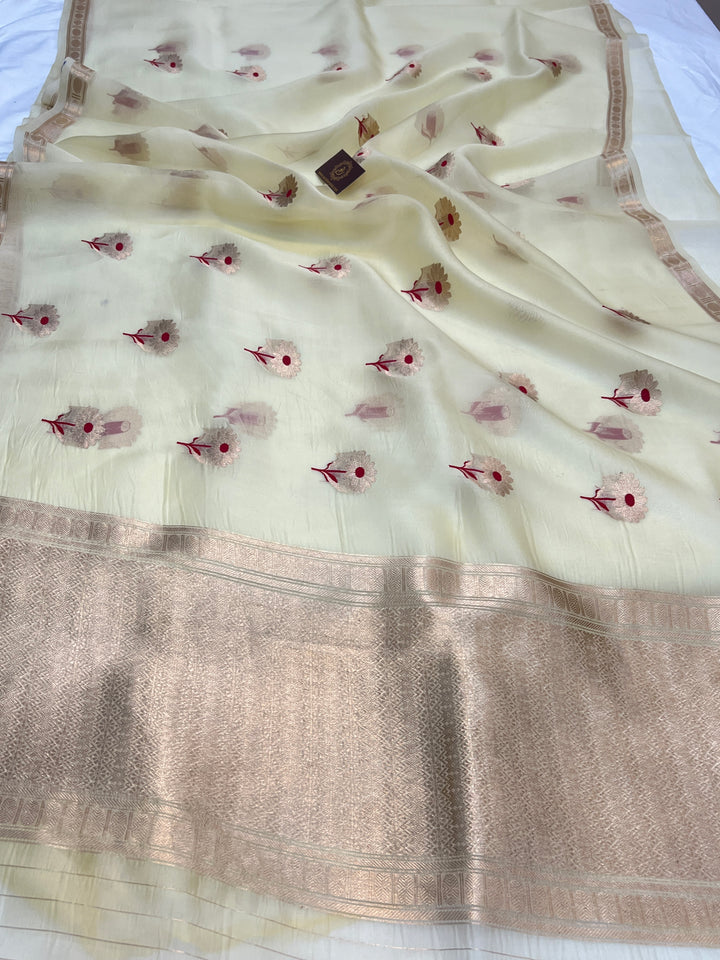 Beige Pure Kora Silk Handloom Banarasi Saree