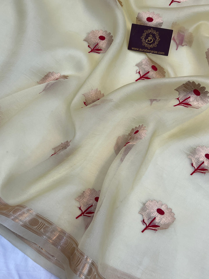 Beige Pure Kora Silk Handloom Banarasi Saree