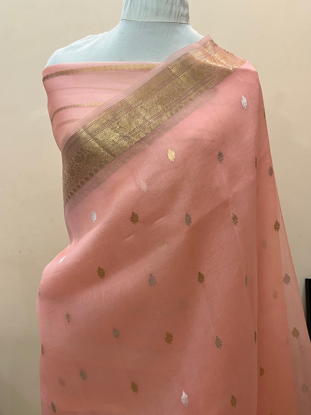 Peach Pure Kora Silk Handloom Banarasi Saree
