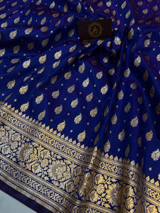 Royal Blue Banarasi Handloom Satin SIlk Saree - Aura Benaras