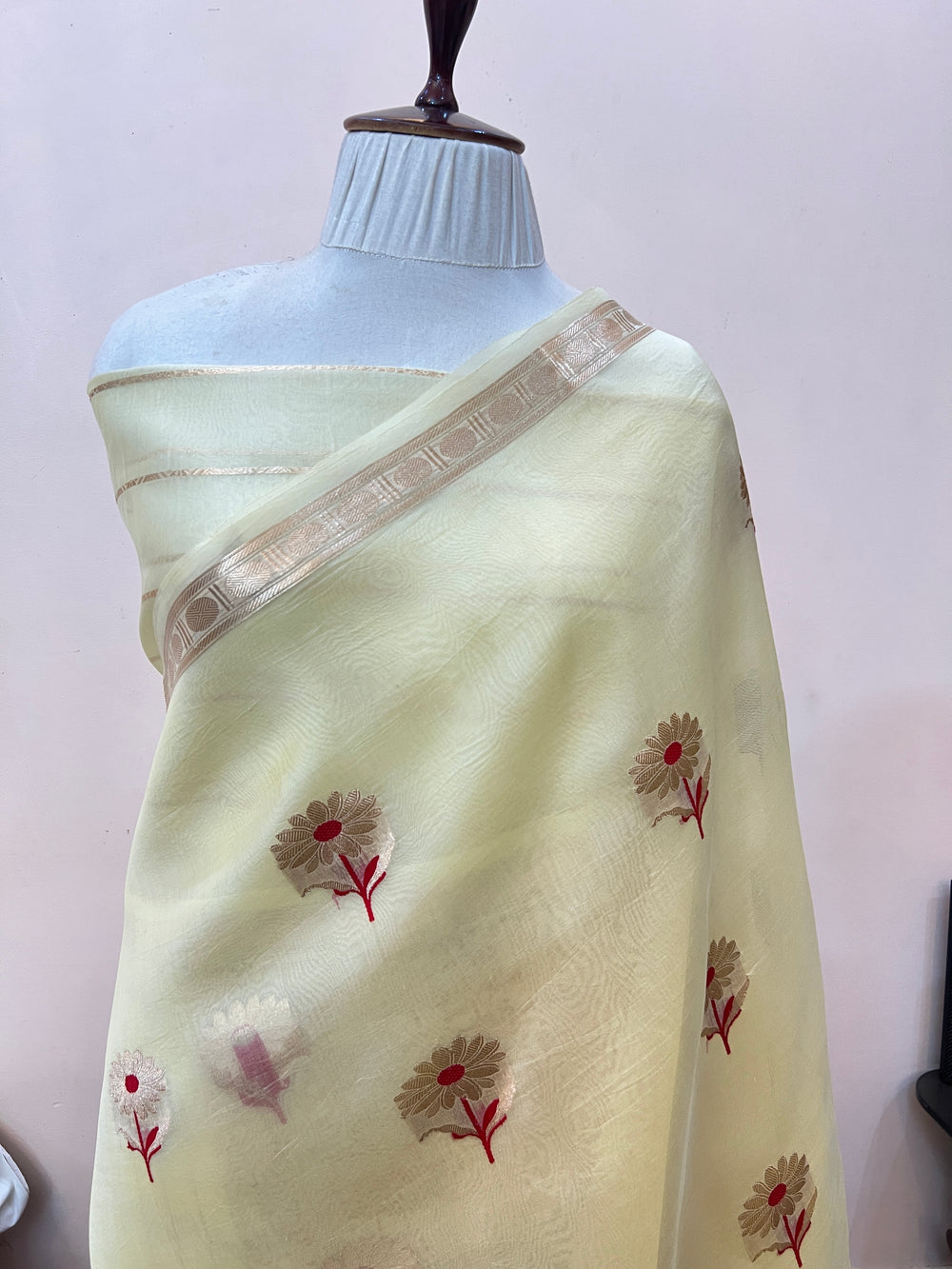 Beige Pure Kora Silk Handloom Banarasi Saree