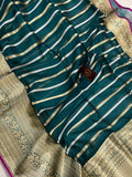 Teal Blue Banarasi Handloom Kora Silk Saree - Aura Benaras