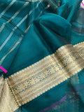 Teal Blue Banarasi Handloom Kora Silk Saree - Aura Benaras