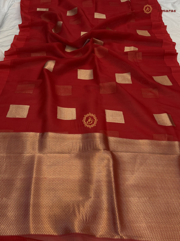 Deep Red Kora Silk Banarasi Saree with Sona Rupa Butas