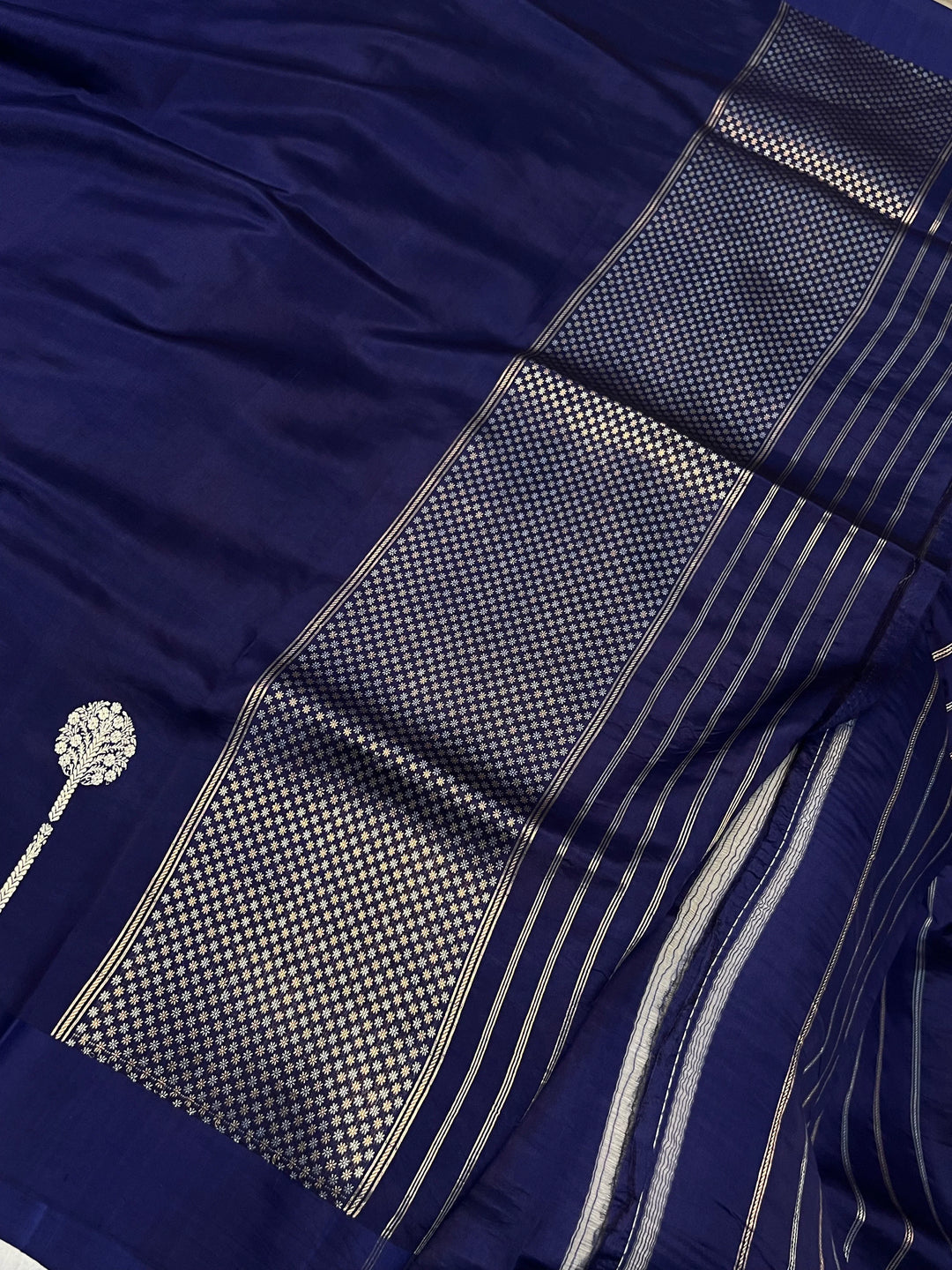 Navy Blue Pure Silk Handloom Banarasi Plain Saree 