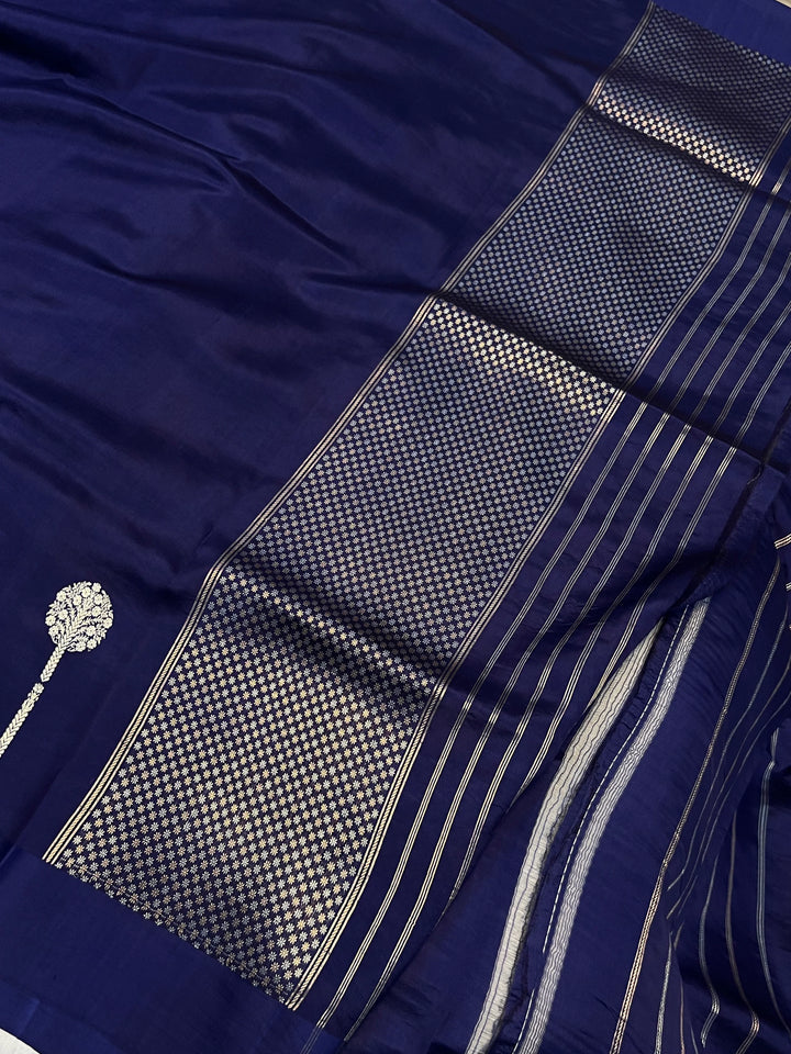 Navy Blue Pure Silk Handloom Banarasi Plain Saree 