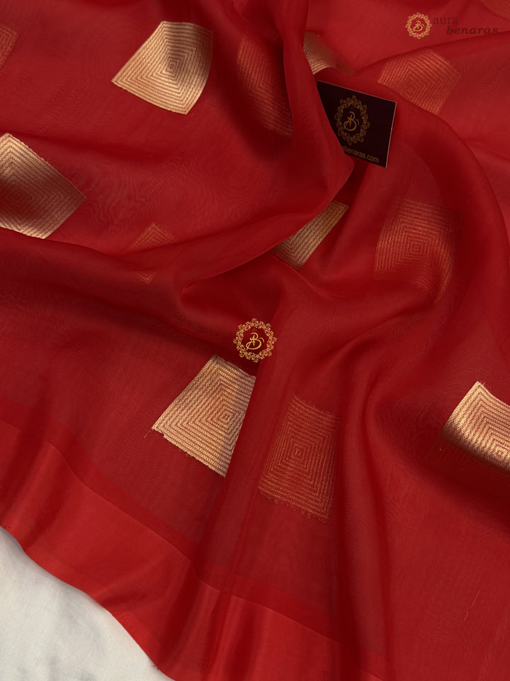 Deep Red Kora Silk Banarasi Saree with Sona Rupa Butas