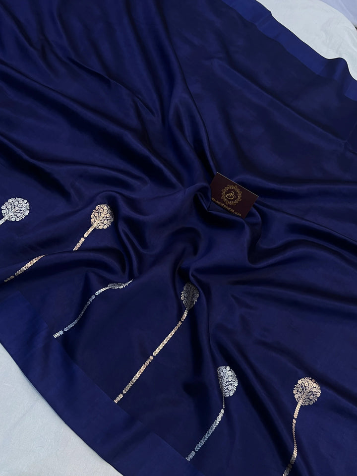 Navy Blue Pure Silk Handloom Banarasi Plain Saree 