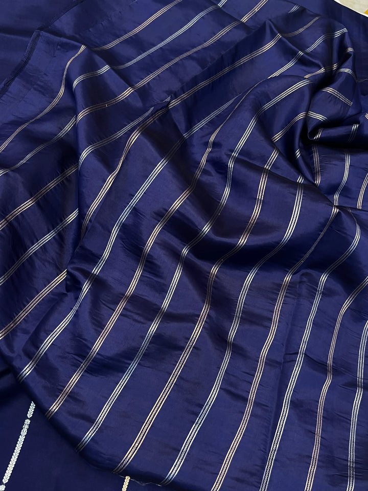 Navy Blue Pure Silk Handloom Banarasi Plain Saree 