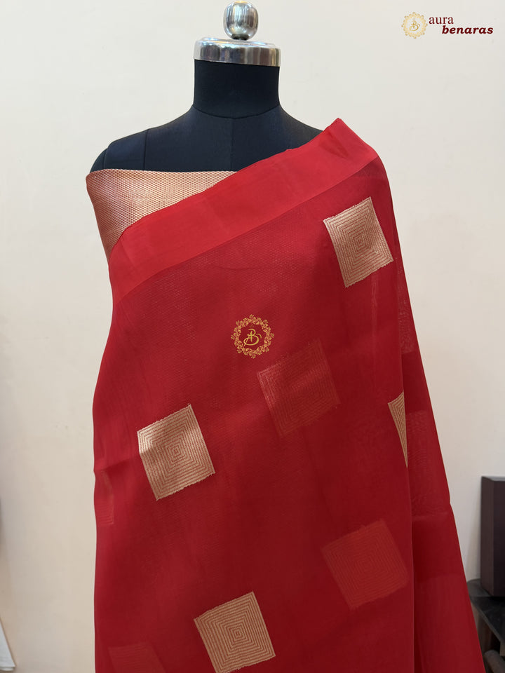 Deep Red Kora Silk Banarasi Saree with Sona Rupa Butas