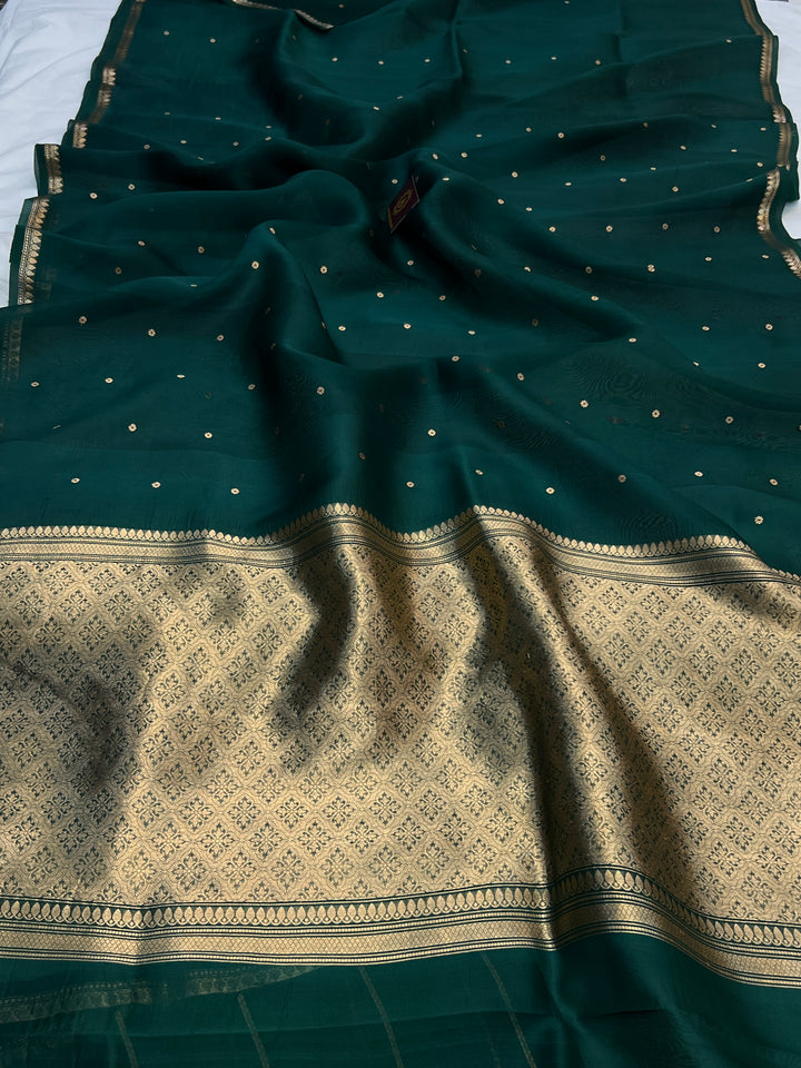 Bottle Green Pure Kora Silk Handloom Banarasi Saree