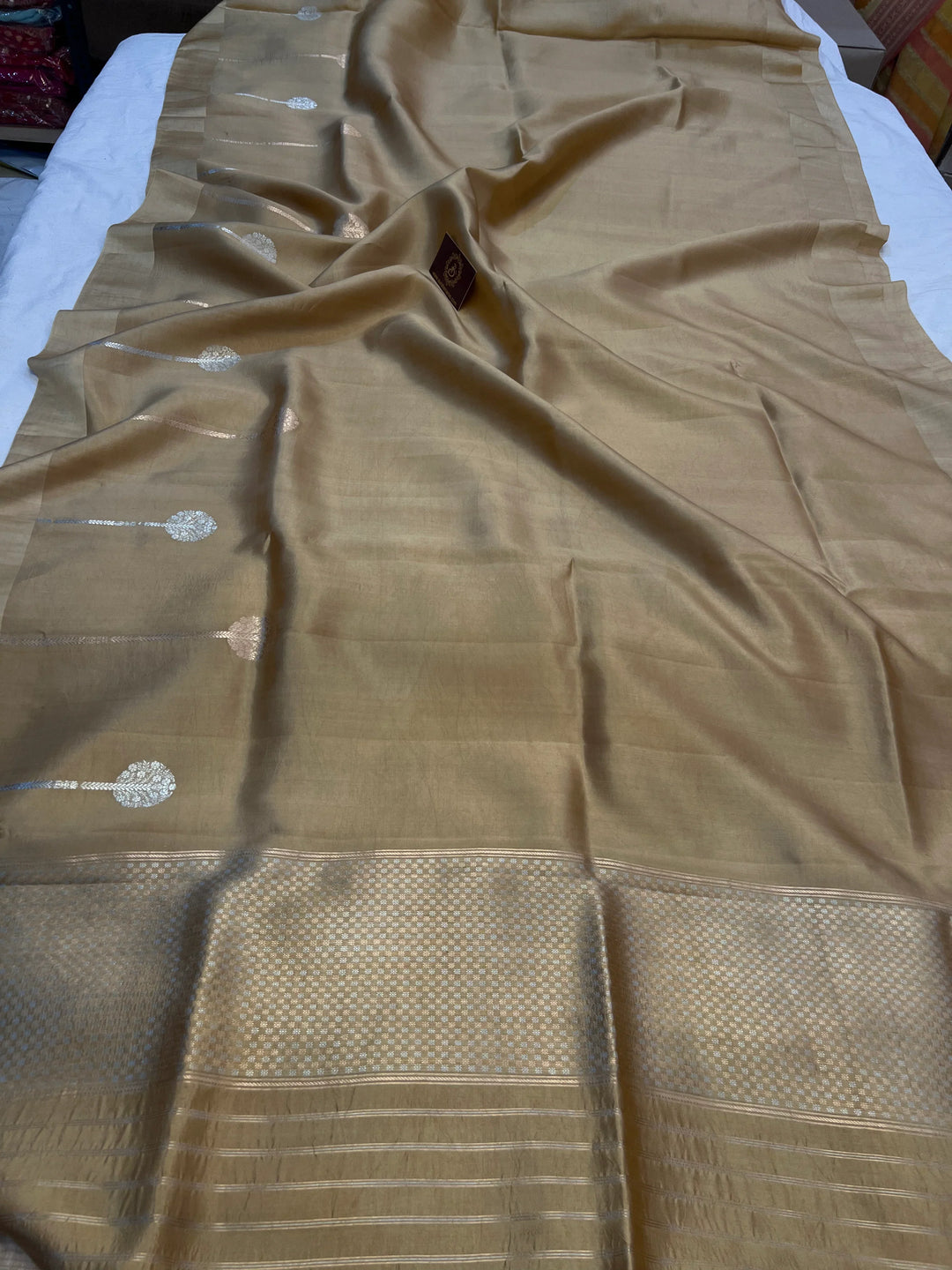 Beige Pure Silk Handloom Banarasi Plain Saree - Aura Benaras