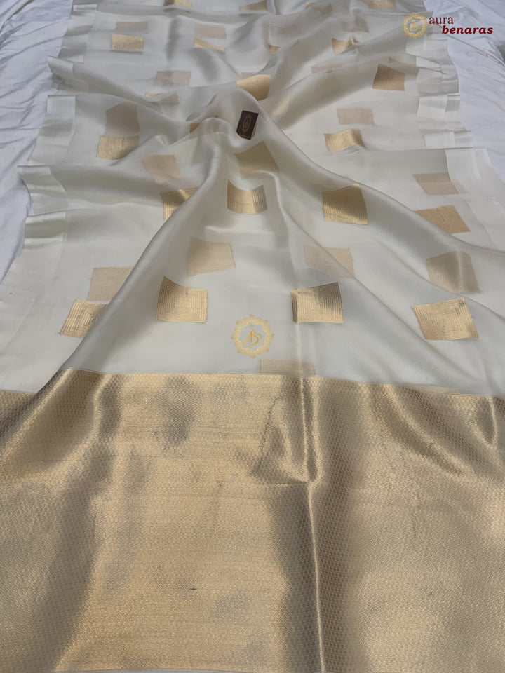 Off White Kora Silk Banarasi Saree with Sona Rupa Butas