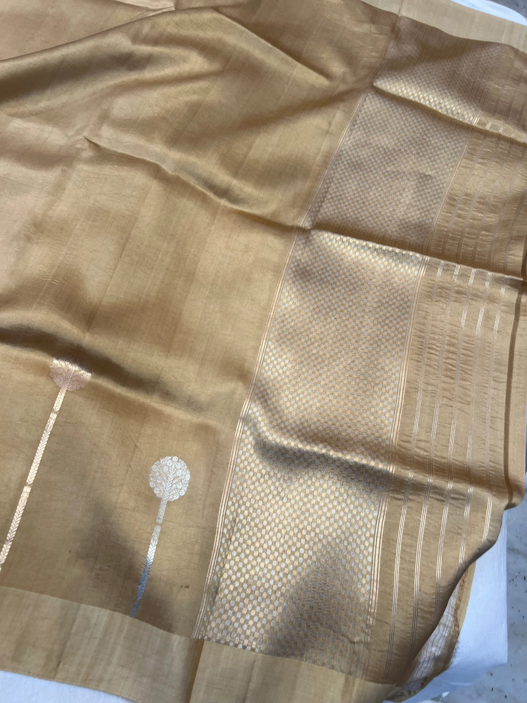 Beige Pure Silk Handloom Banarasi Plain Saree - Aura Benaras