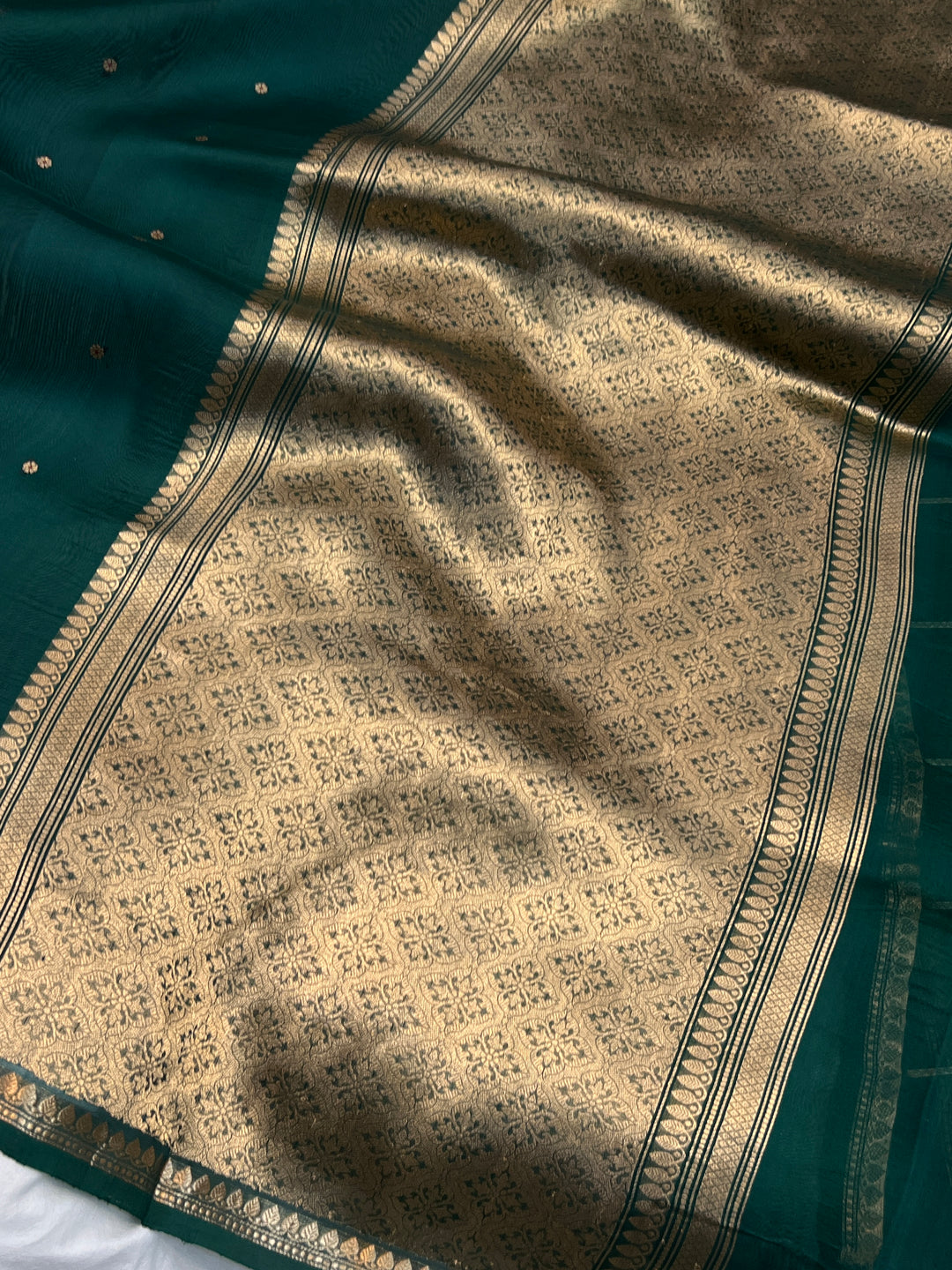 Bottle Green Pure Kora Silk Handloom Banarasi Saree