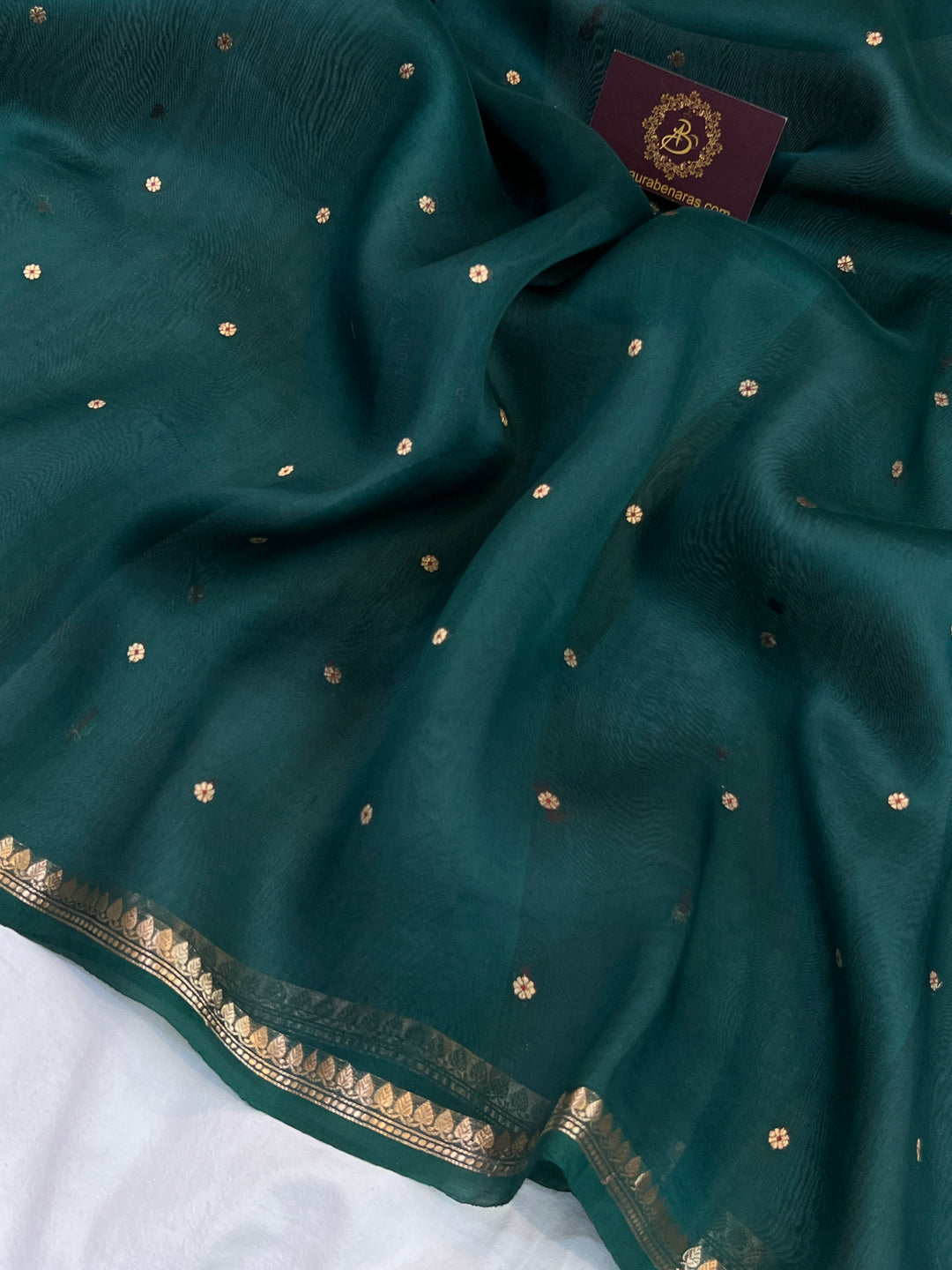 Bottle Green Pure Kora Silk Handloom Banarasi Saree