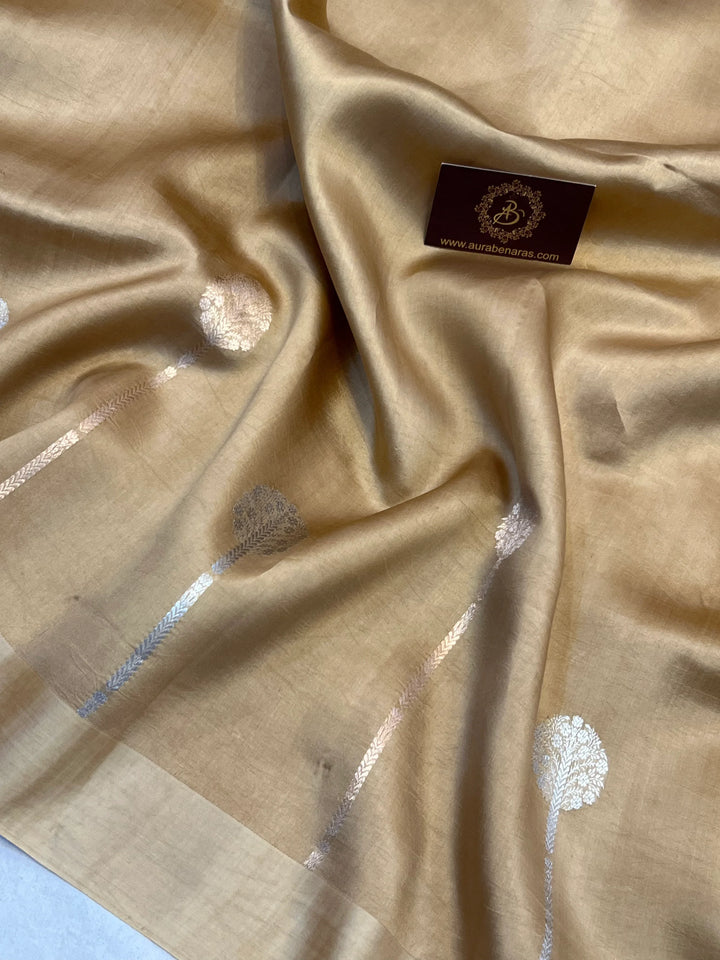 Beige Pure Silk Handloom Banarasi Plain Saree - Aura Benaras