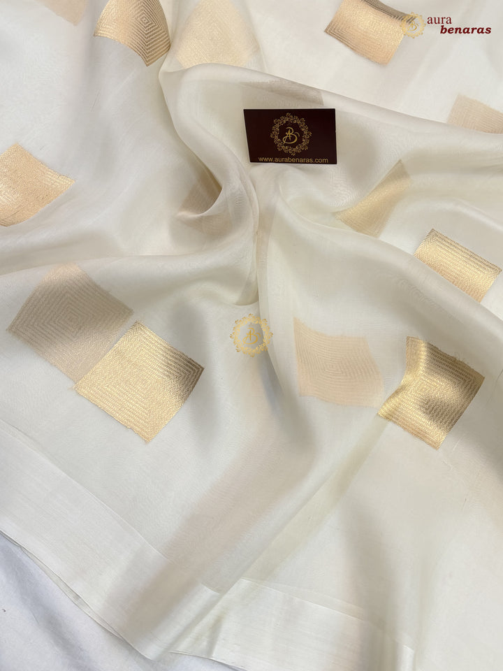 Off White Kora Silk Banarasi Saree with Sona Rupa Butas
