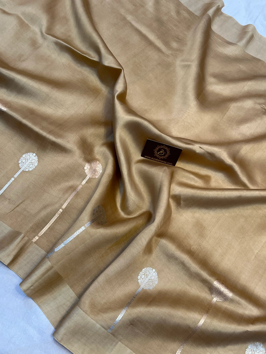 Beige Pure Silk Handloom Banarasi Plain Saree - Aura Benaras