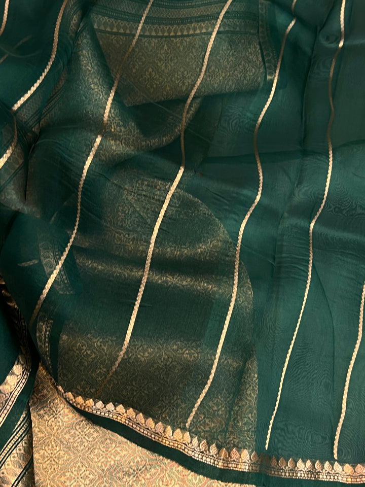 Bottle Green Pure Kora Silk Handloom Banarasi Saree