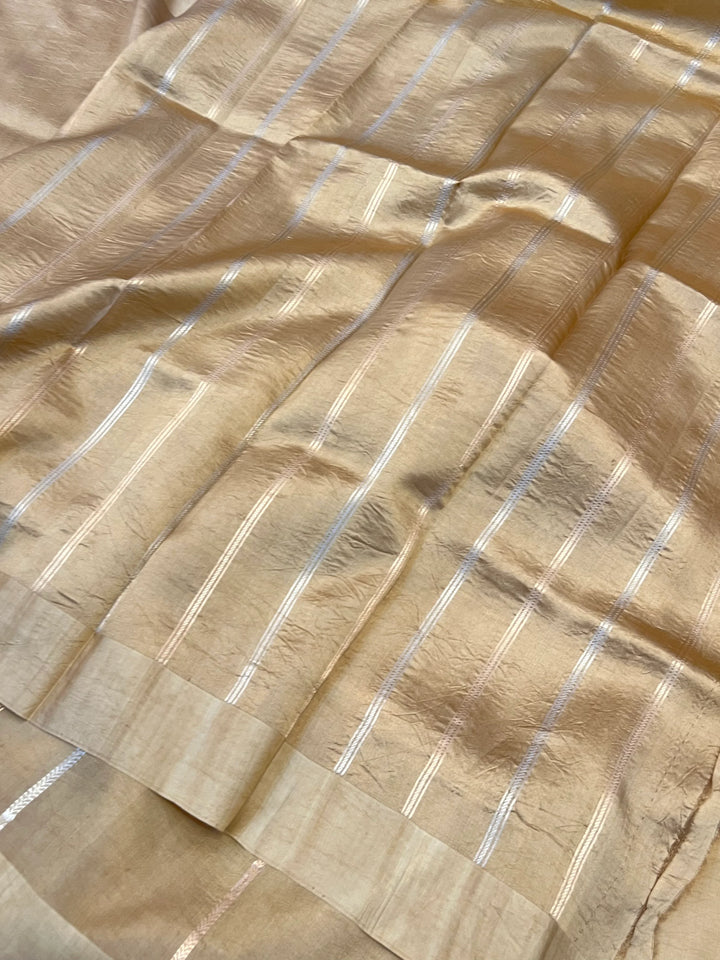 Beige Pure Silk Handloom Banarasi Plain Saree - Aura Benaras