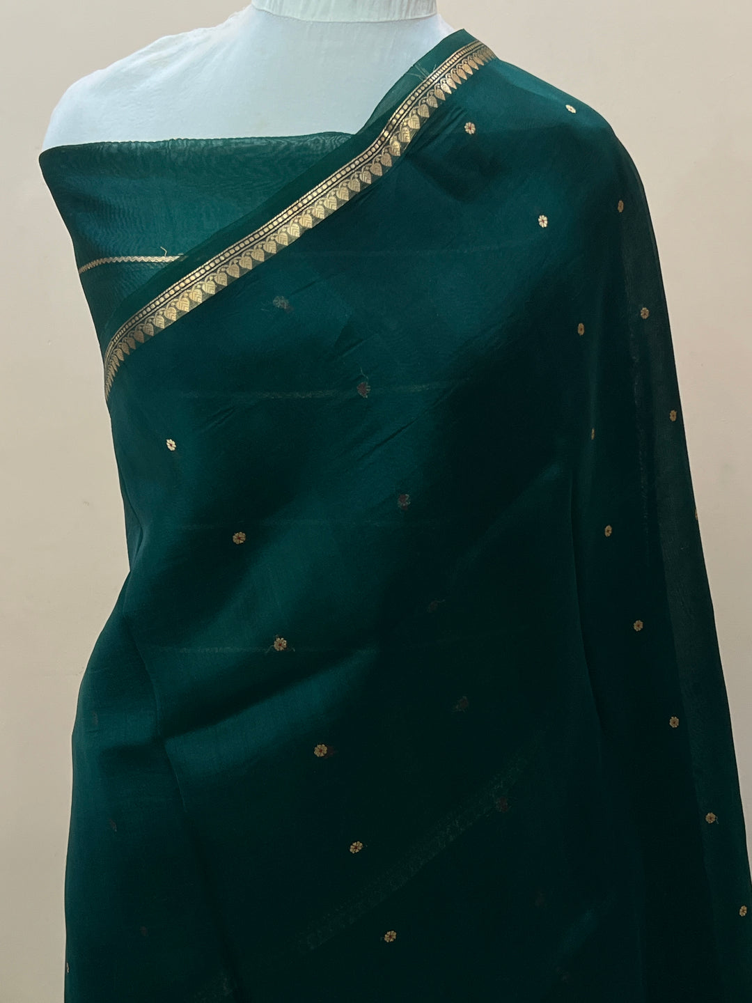 Bottle Green Pure Kora Silk Handloom Banarasi Saree