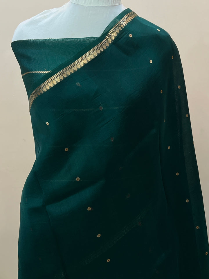 Bottle Green Pure Kora Silk Handloom Banarasi Saree