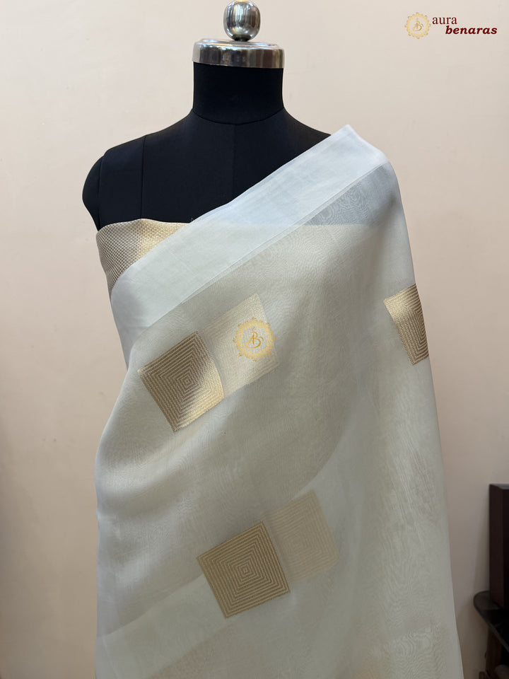 Off White Kora Silk Banarasi Saree with Sona Rupa Butas