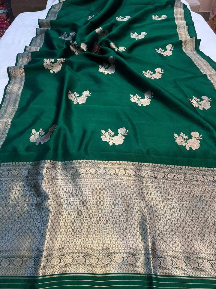 Bottle Green Pure Silk Handloom Banarasi Saree
