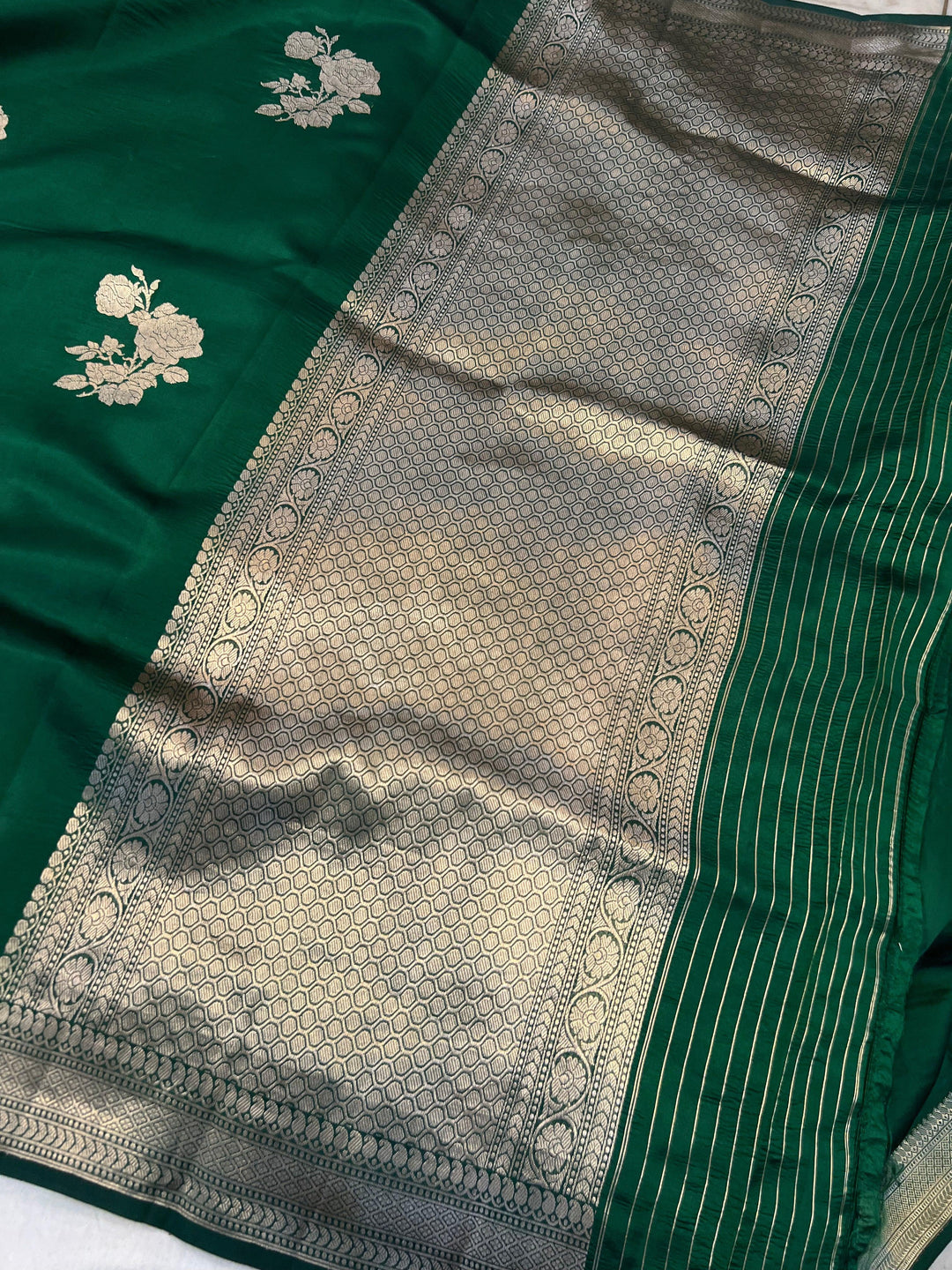 Bottle Green Pure Silk Handloom Banarasi Saree