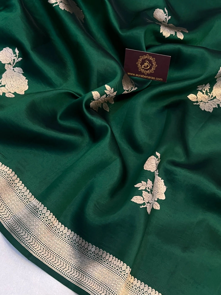 Bottle Green Pure Silk Handloom Banarasi Saree