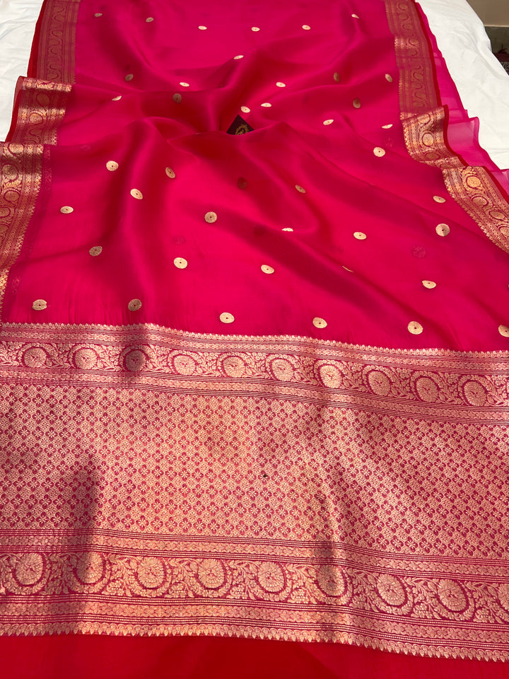 Rani Pink Pure Kora Silk Handloom Banarasi Saree