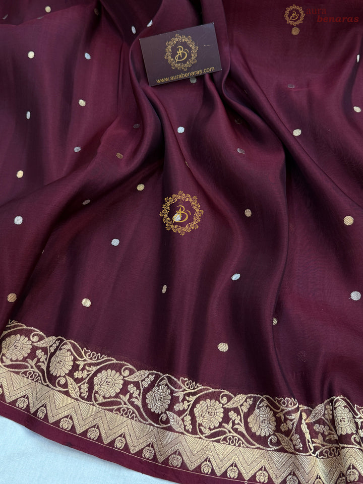 Maroon Pure Kora Silk Handloom Banarasi Saree