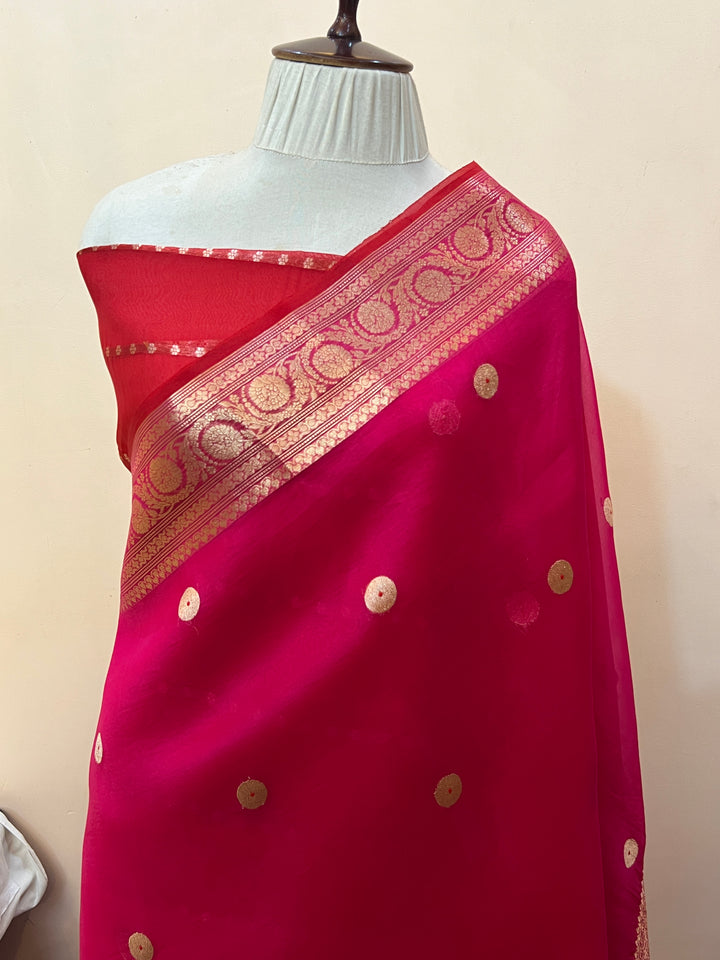 Rani Pink Pure Kora Silk Handloom Banarasi Saree