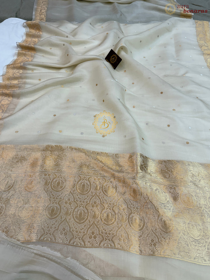 Cream Pure Kora Silk Handloom Banarasi Saree