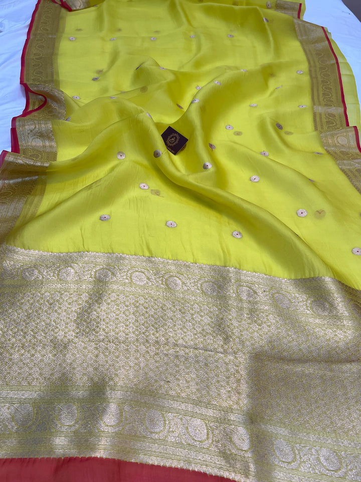 Lemon Yellow Pure Kora Silk Handloom Banarasi Saree